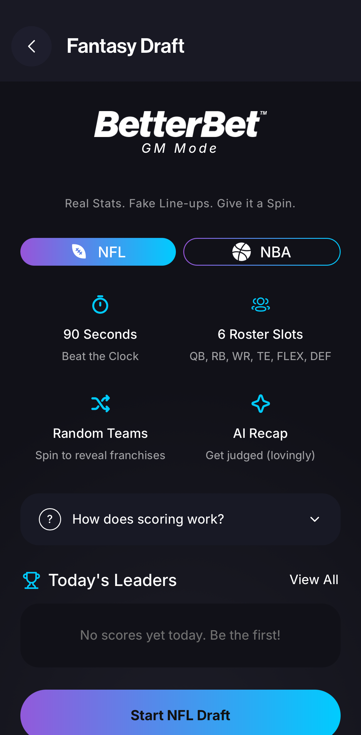 GM Mode quick fantasy draft screen